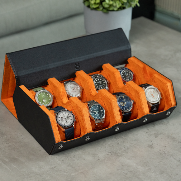 Hexagon Black Orange 8 Slot Watch Box