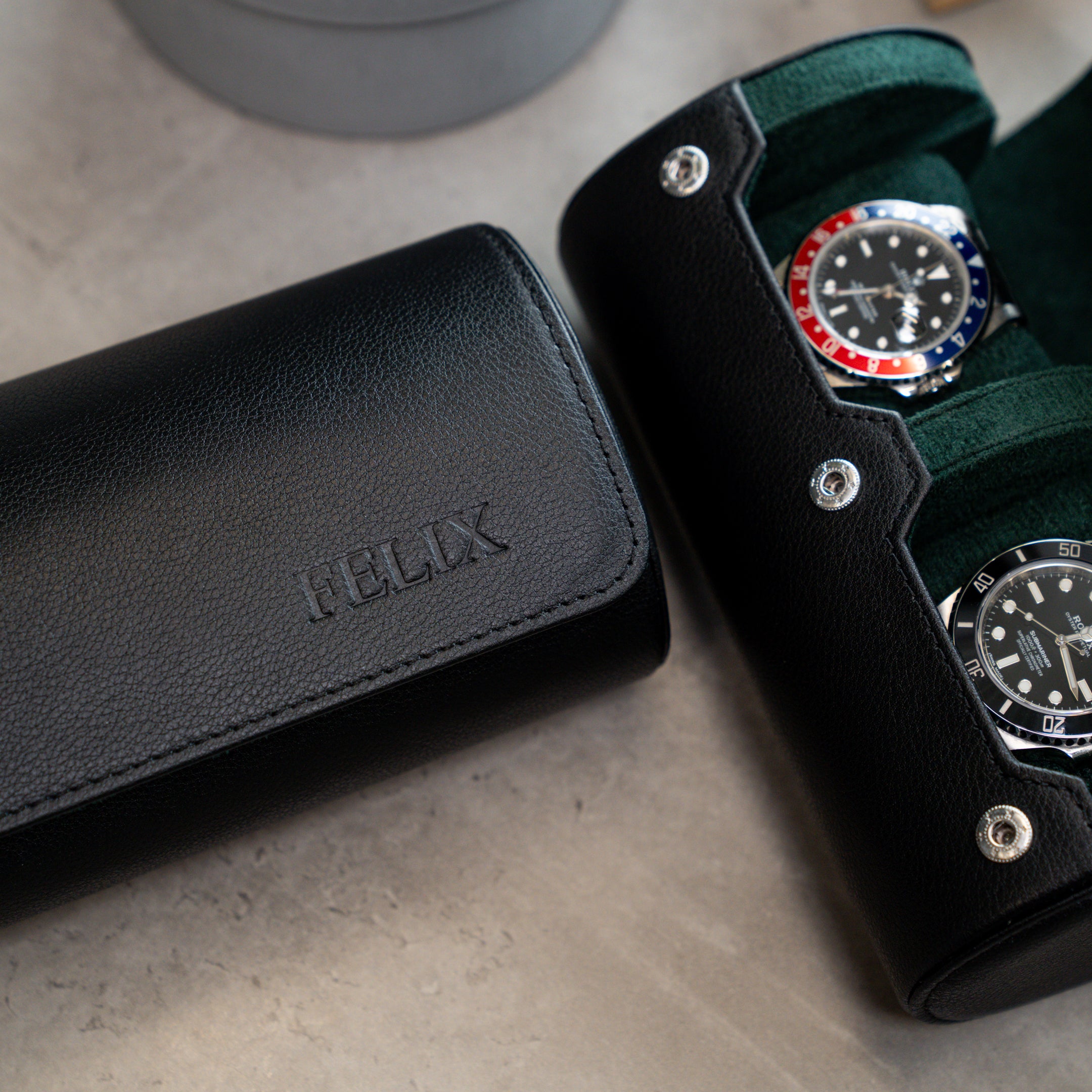 Personalized Two Slot Watch Roll - Black Green