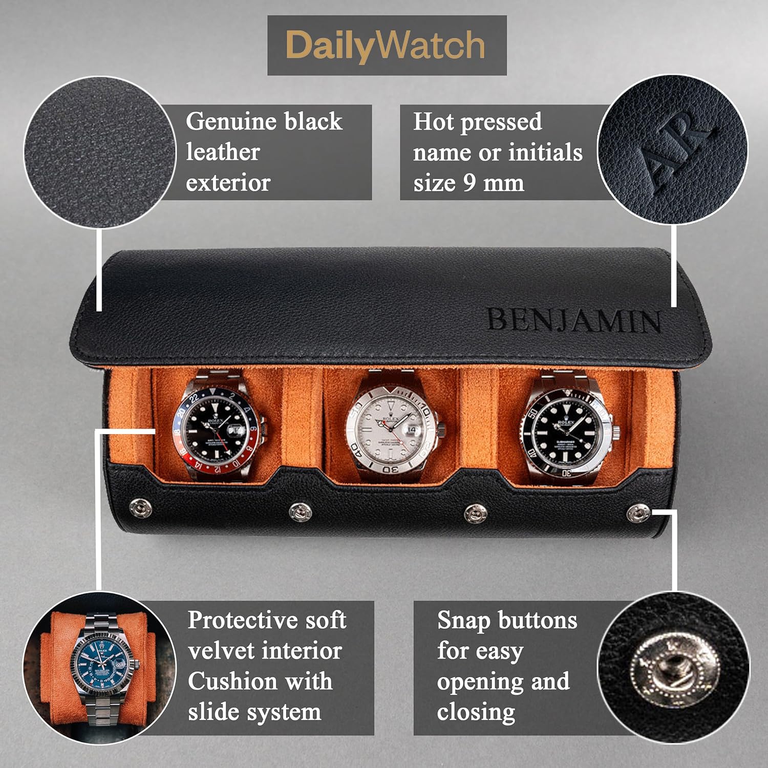 travel watch roll large in black for 3 watches with personalization
