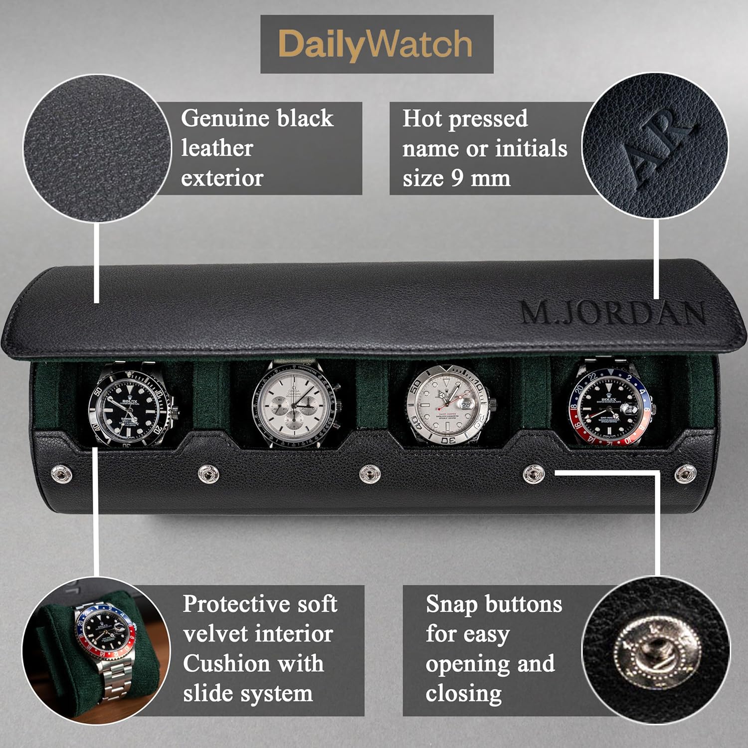 watch roll for 4 watches in black green with personalization