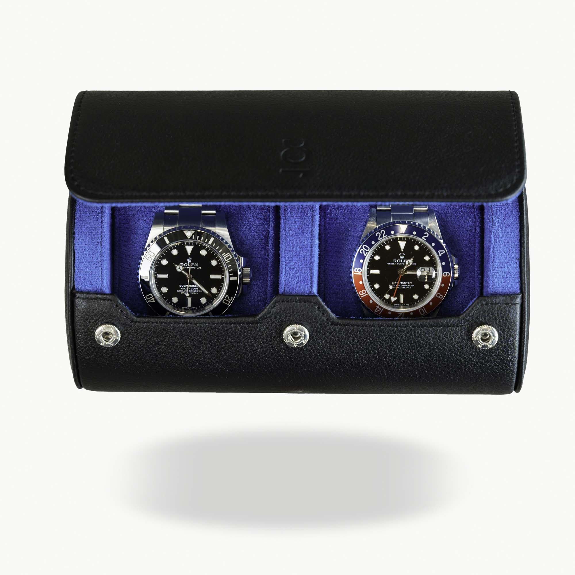 Two Slot Watch Roll - Black Blue