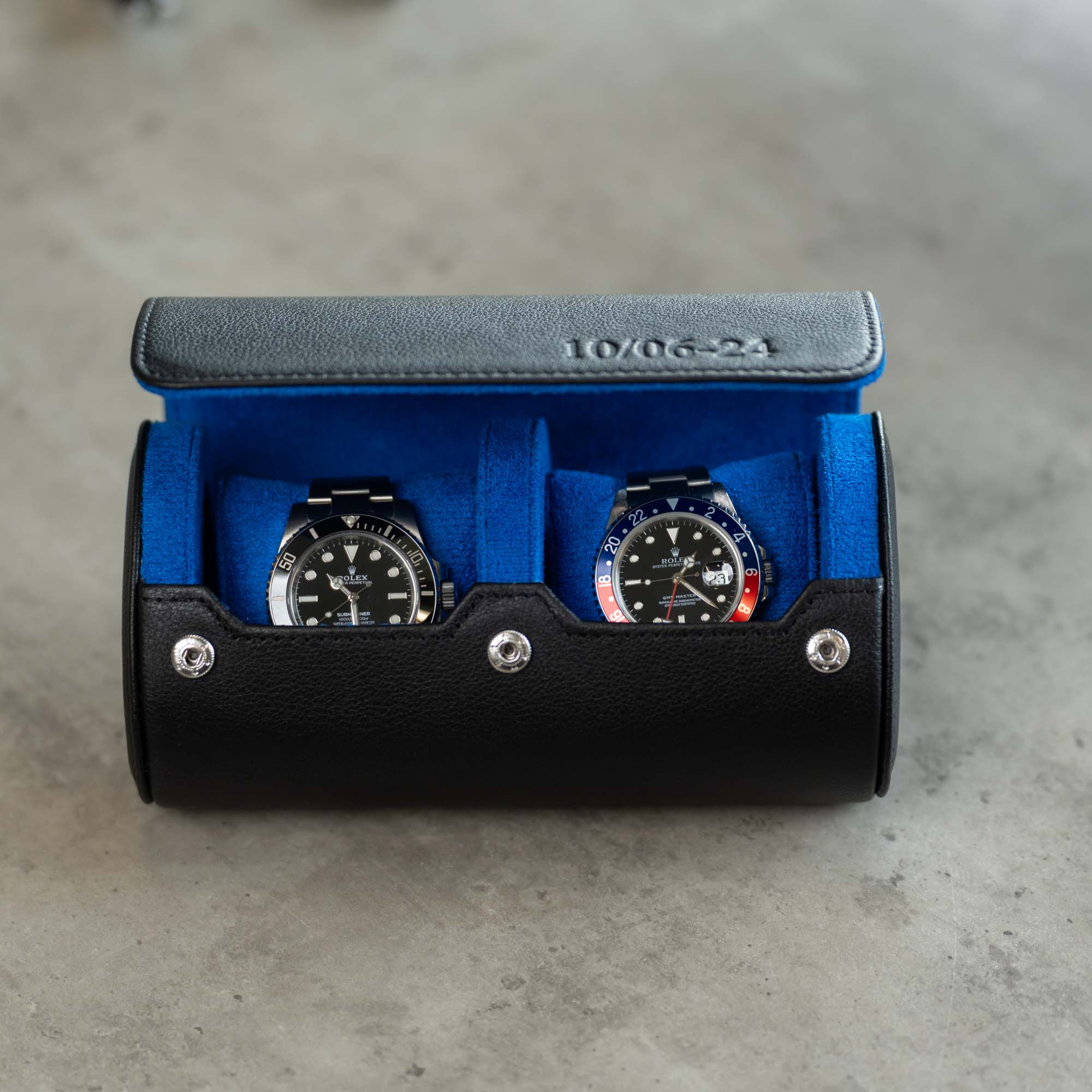 Personalized Two Slot Watch Roll - Black Blue