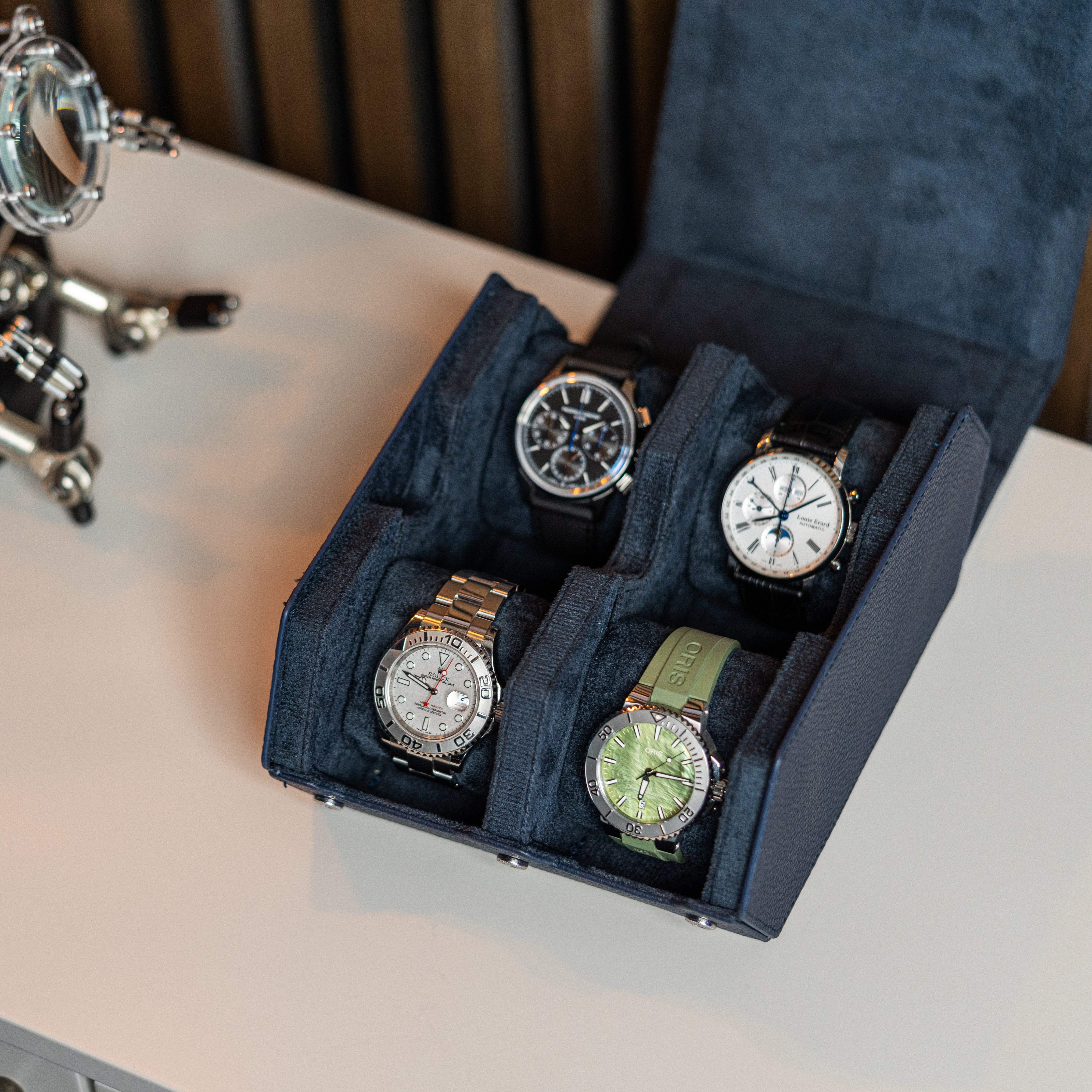 Hexagon Navy Blue 4 Slot Watch Box