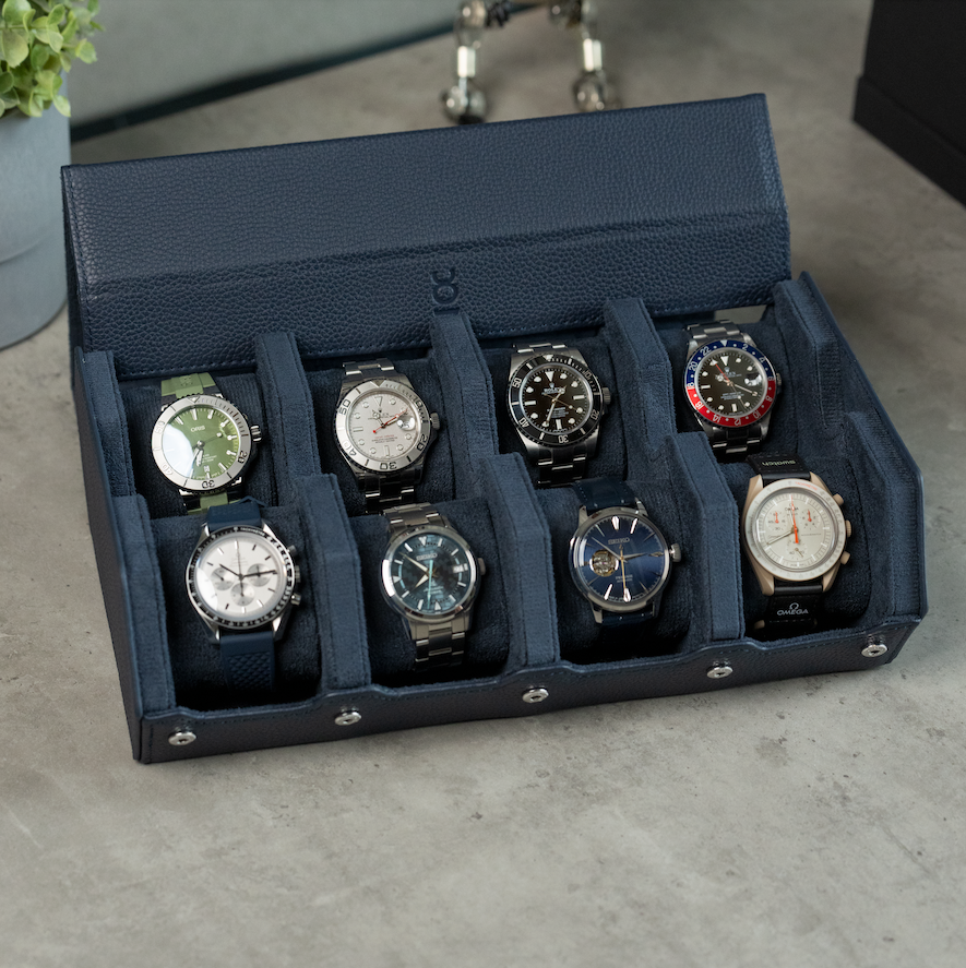 Hexagon Navy Blue 8 Slot Watch Box