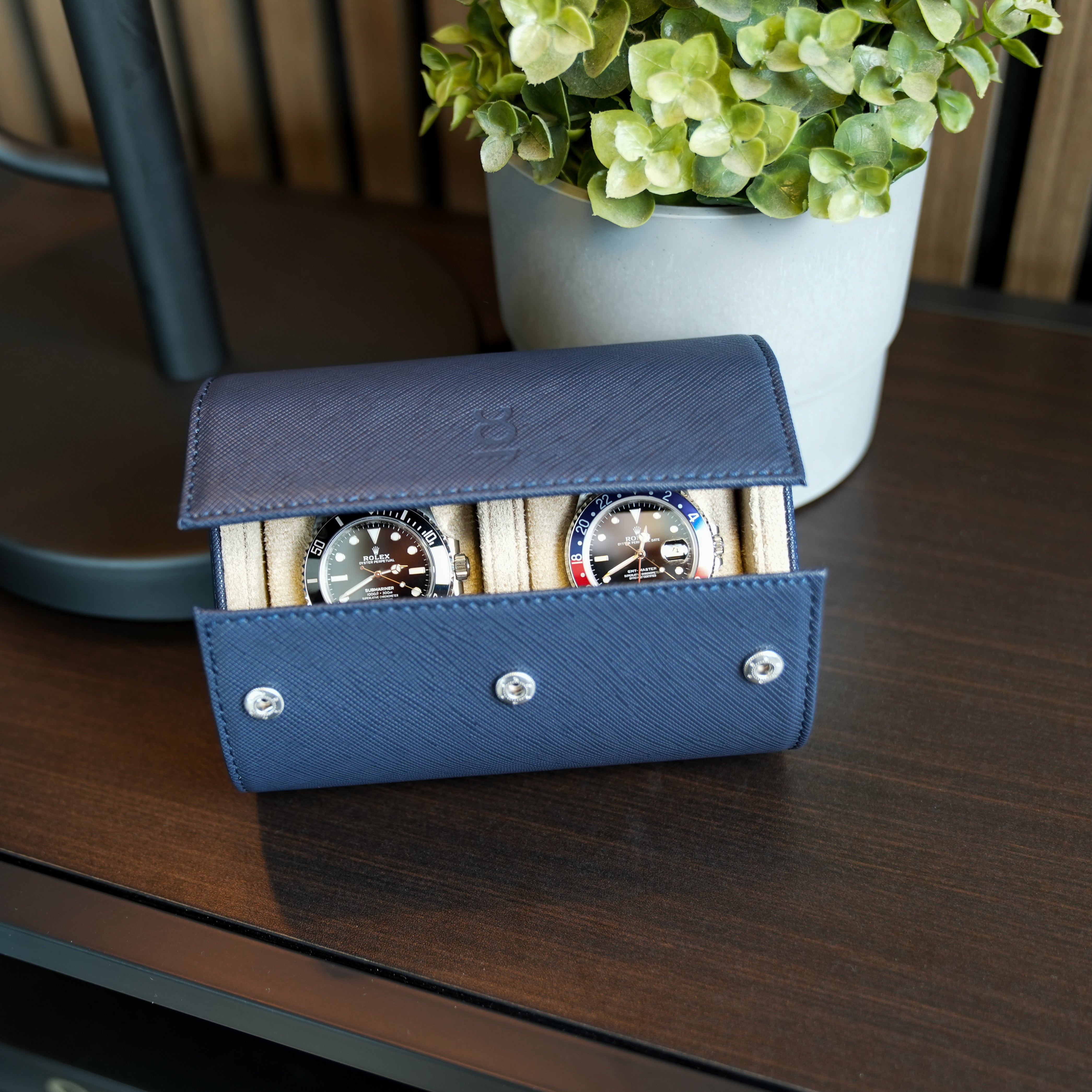 Two Slot Watch Roll - Navy Blue Saffiano