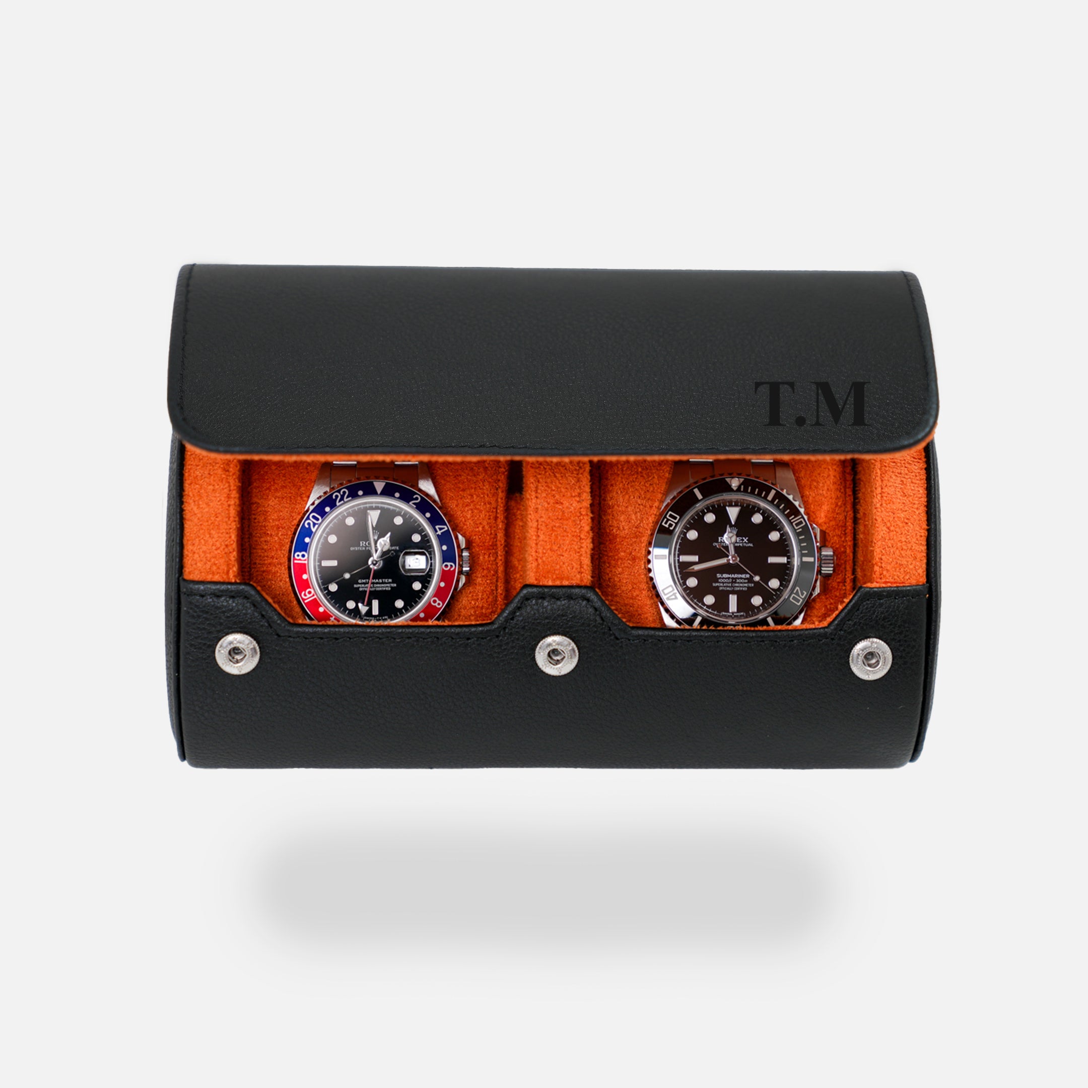 Personalized Two Slot Watch Roll - Black Orange