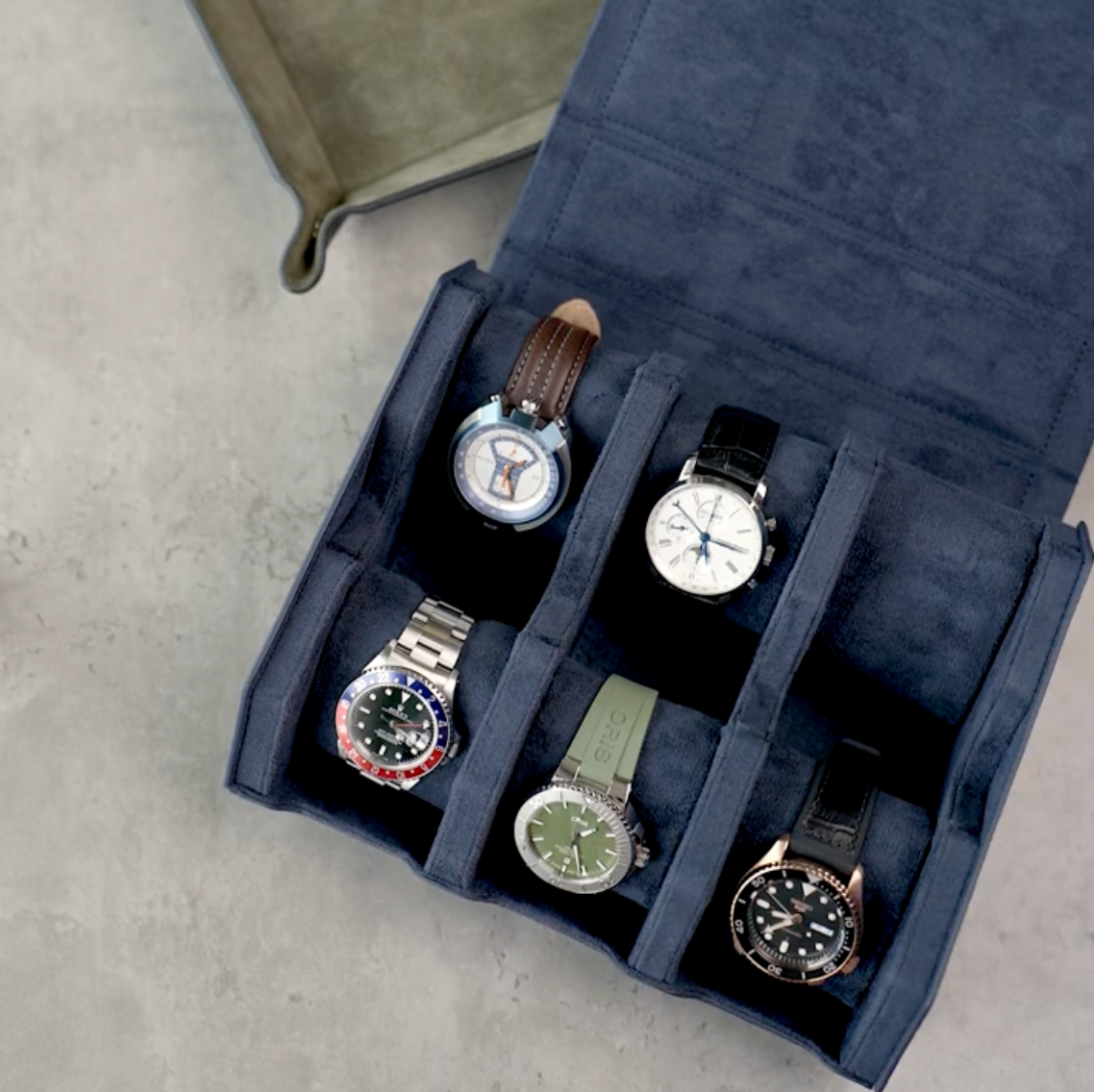 hexagon shaped watch box in navy blue for six watches