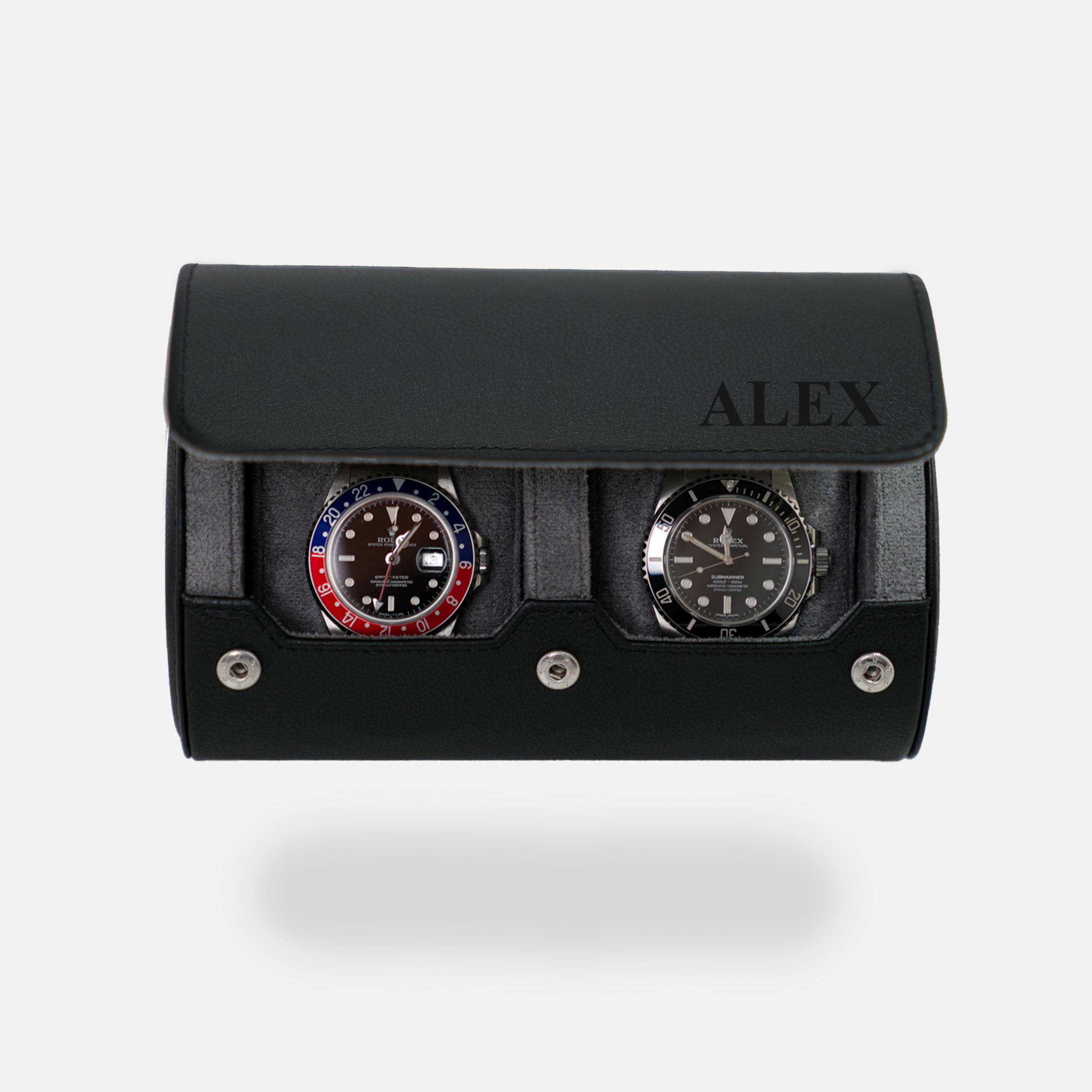 Personalized Two Slot Watch Roll - Black Grey
