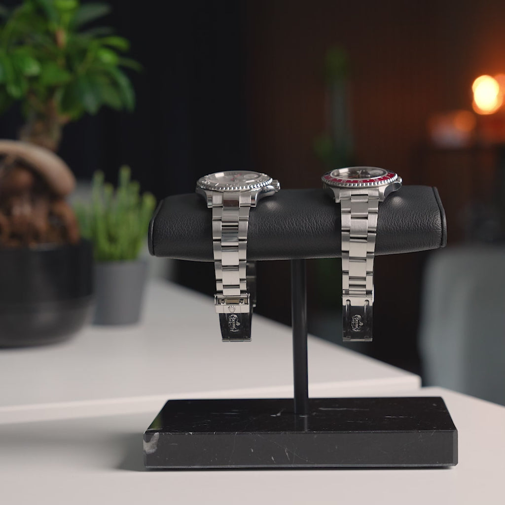 the watch stand duo, black marble black cusion, italian calfskin leather, Nero Marquina black marble base plate, watch display, how to display your watches, display for two watches, video demonstration