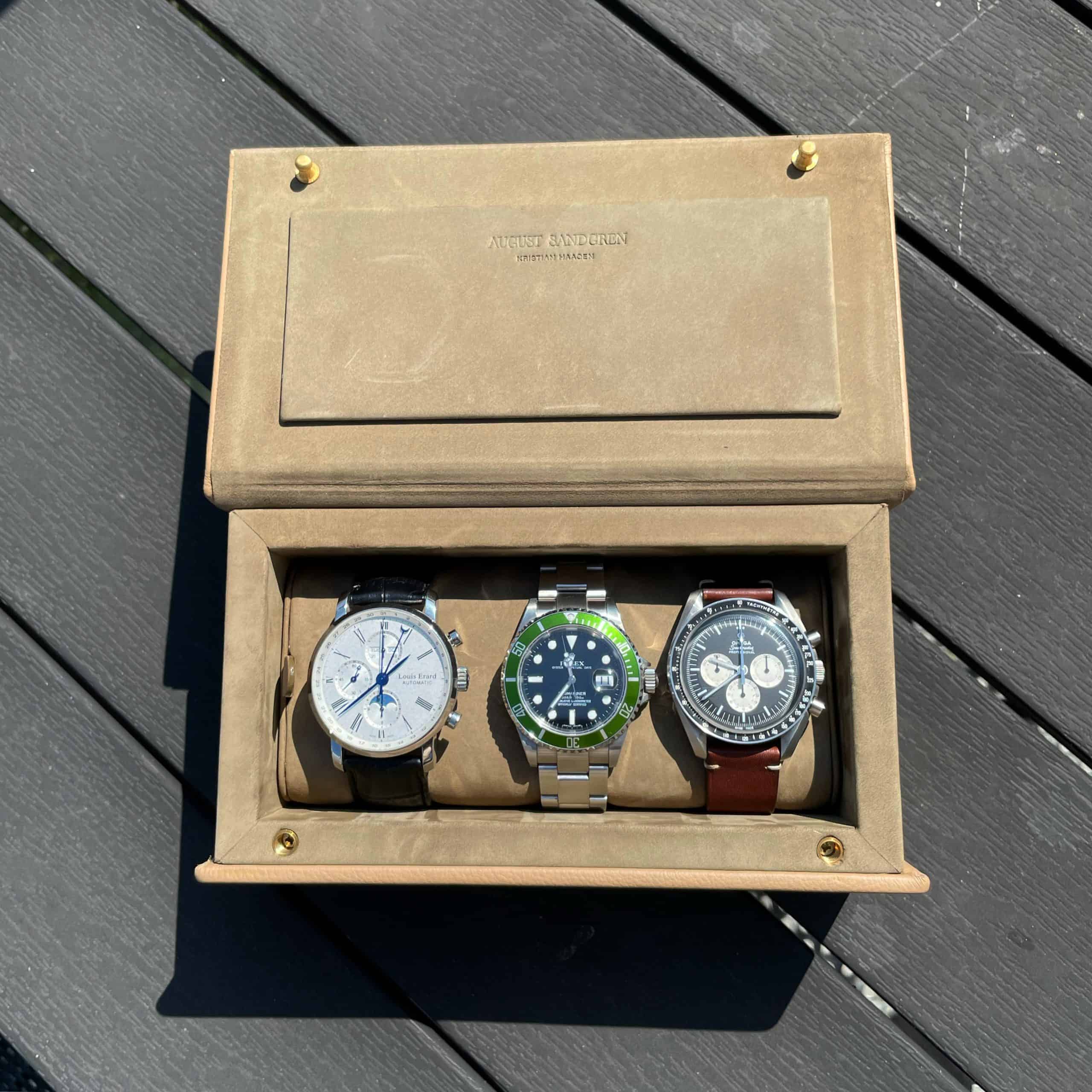 August Sandgren Watchbox Small, Light Brown Watch Box, made in portugal, handmade, leather, nubuck, watch box for three watches, watch display, watch storage