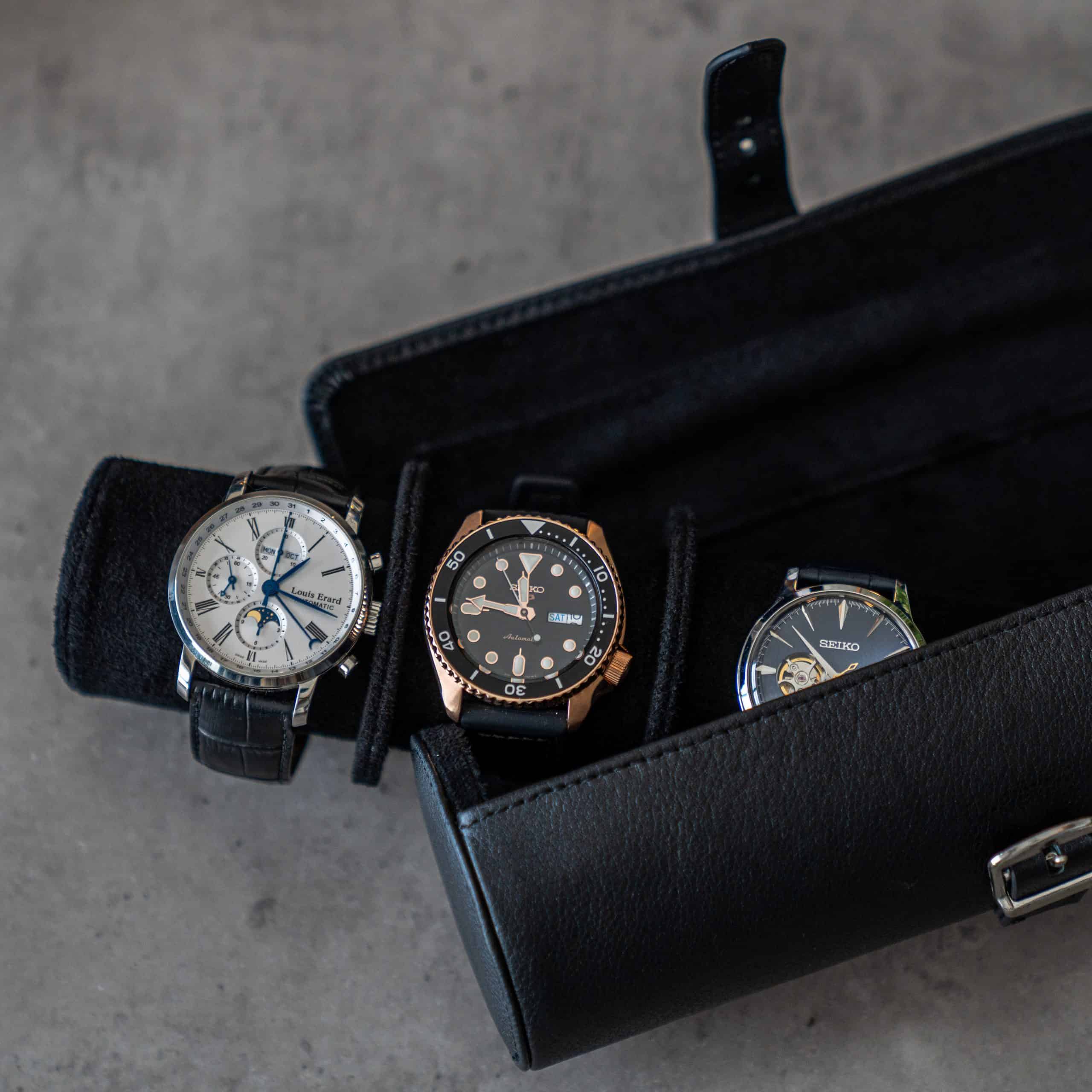 travel roll - all black. travel watch roll, watch roll with strap, how to travel with your watch, watch roll for three watches, watch roll interior