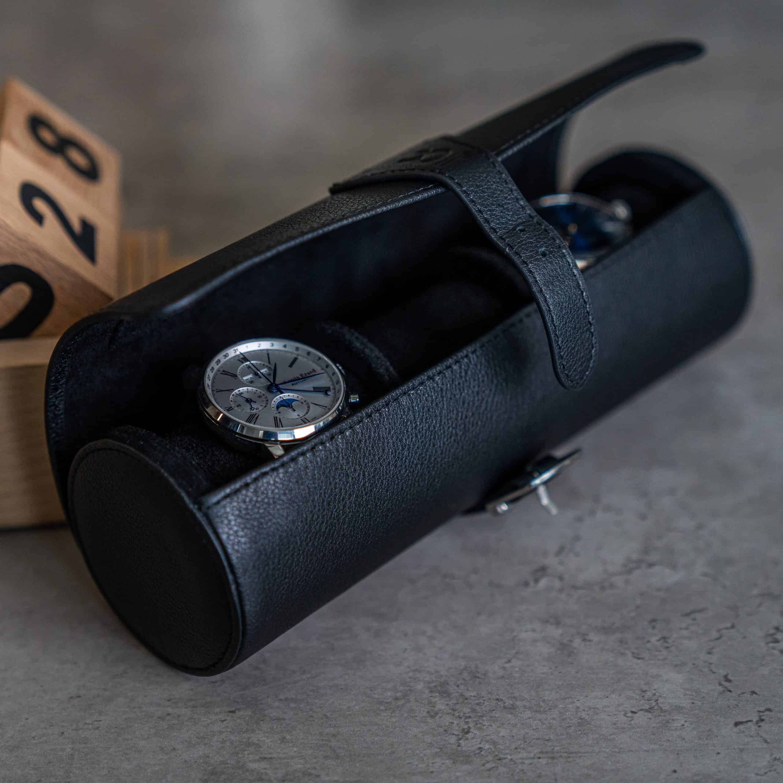 travel roll - all black. travel watch roll, watch roll with strap, how to travel with your watch, watch roll for three watches