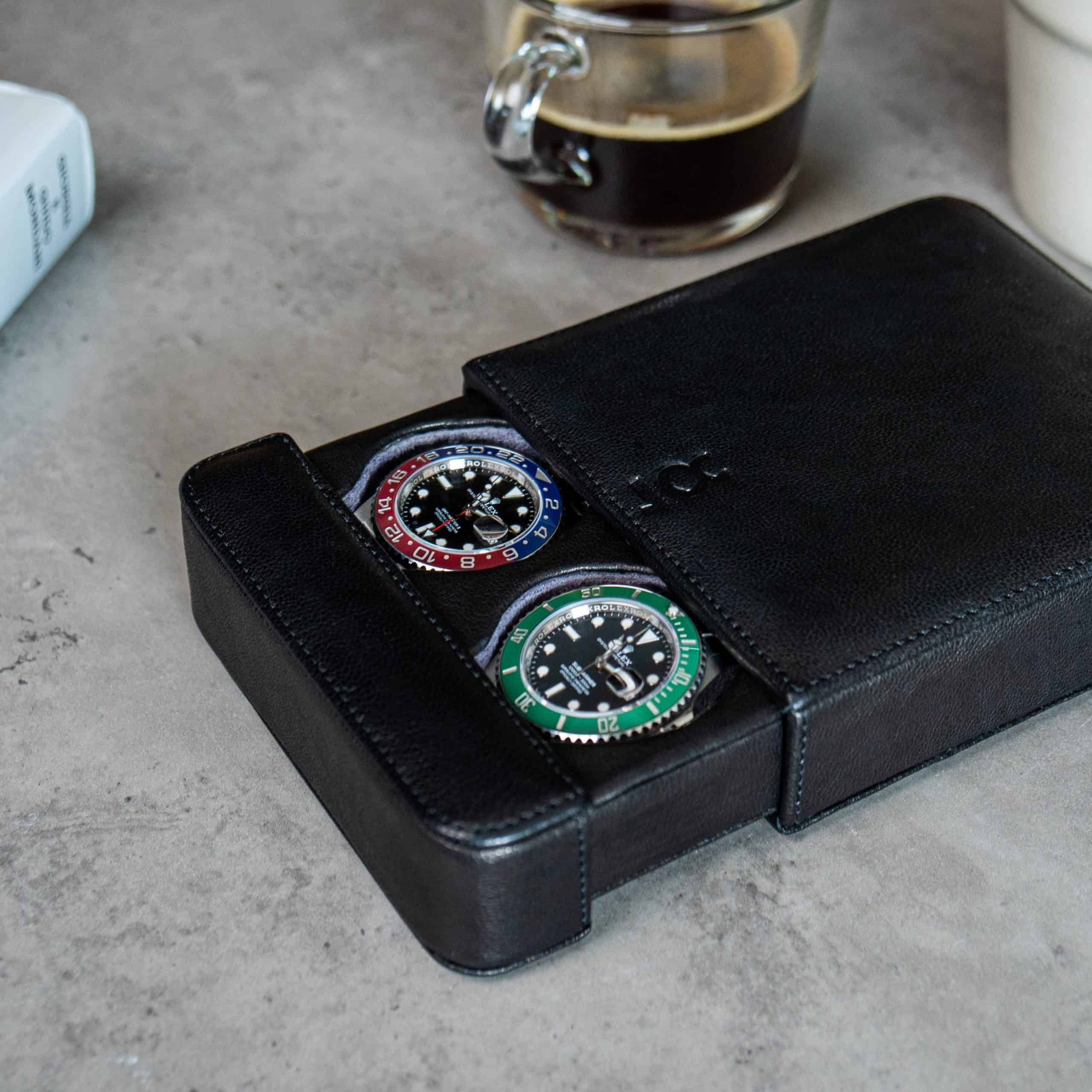 Black Watch Slide Case For 2 Watches, Handmade in italy, leather