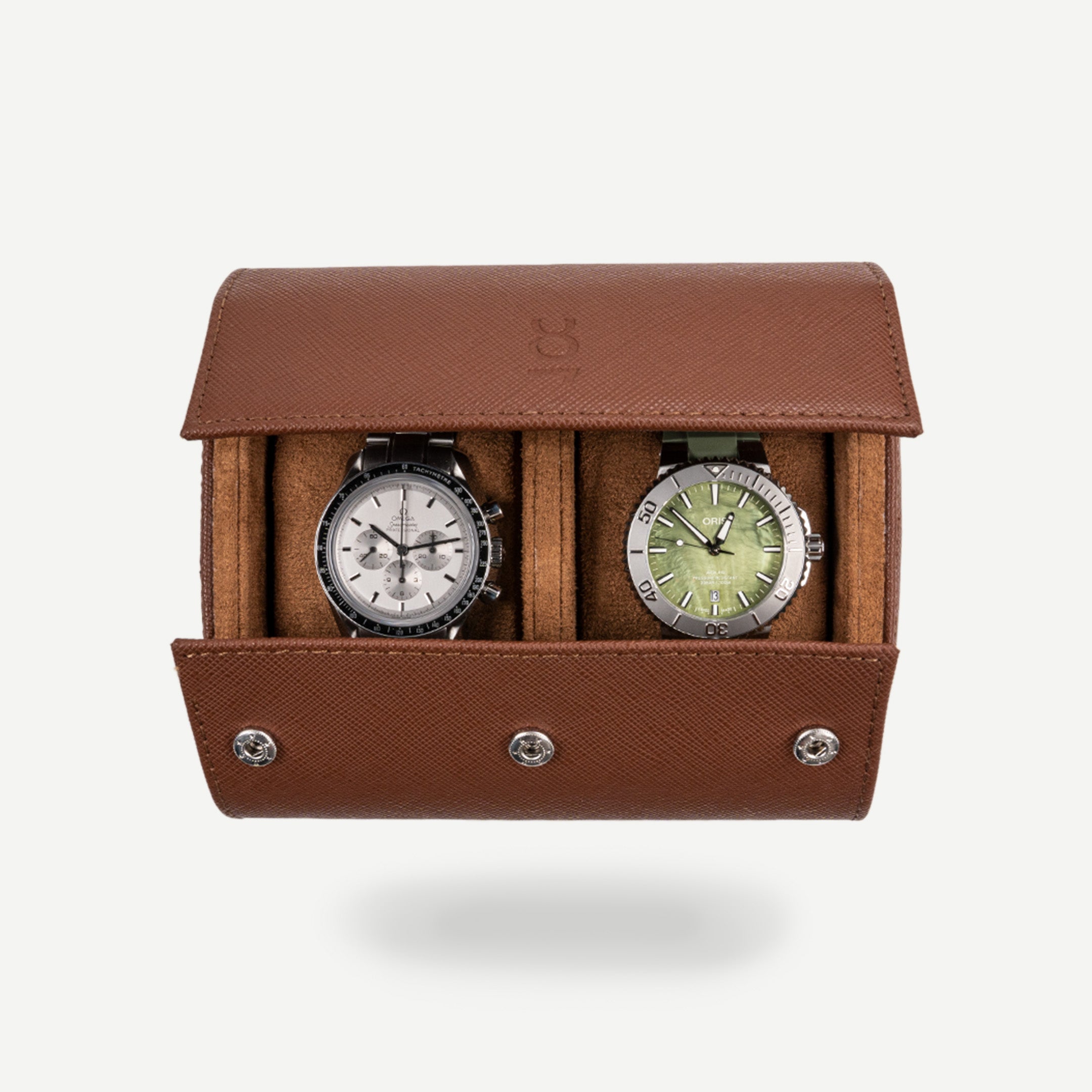 brown watch roll for two watches