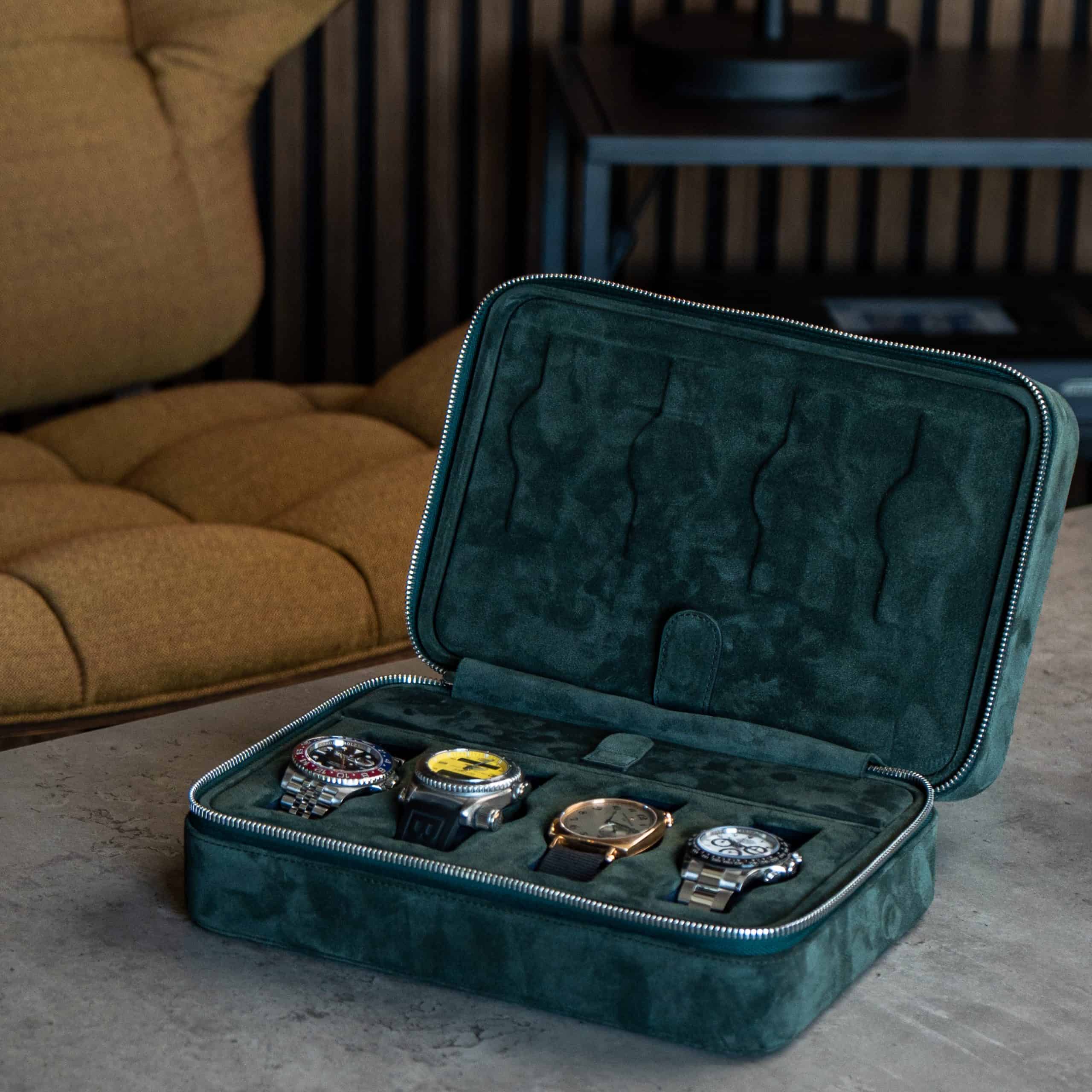 luxury watch box in green, Forest Green 8 Slot Watch Box DailyWatch, italian suede leather, handmade, travel safely with eight watches, 