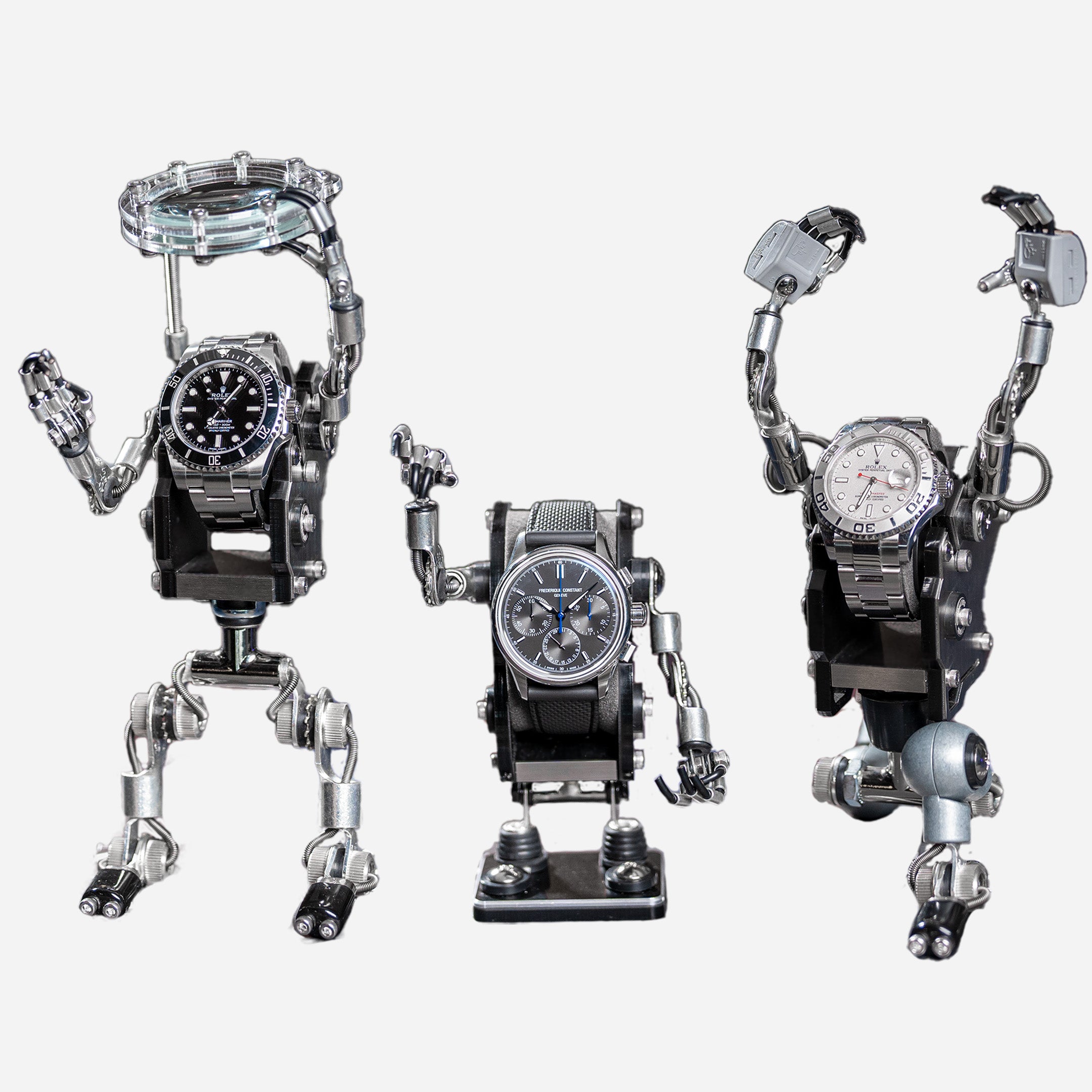 Robot Watch Stand Bundle, robotoys, handmade, small robot watch stand, medium robot watch stand, large robot watch stand, bundle, savings, watch display, unigue watch stand, how to display watches, 