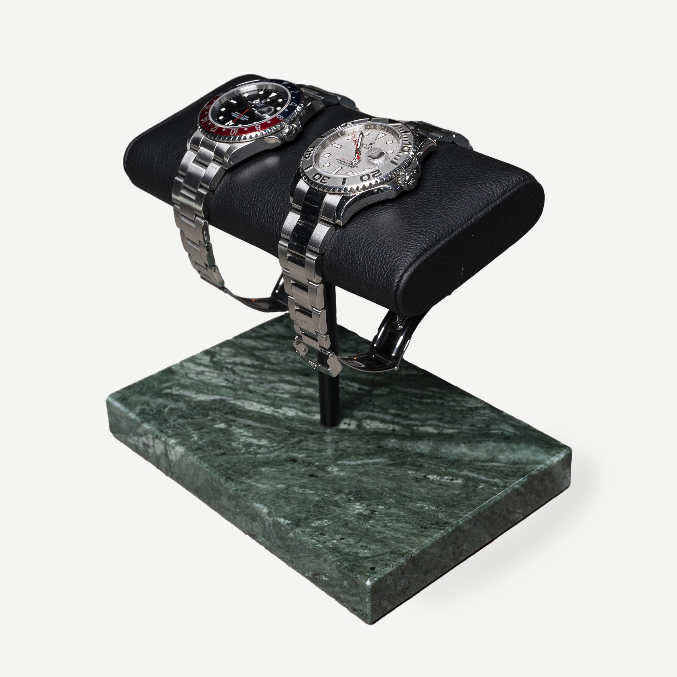 the watch stand duo, green marble black cusion, italian calfskin leather, verde guatemala green marble base plate, watch display, how to display your watches, display for two watches