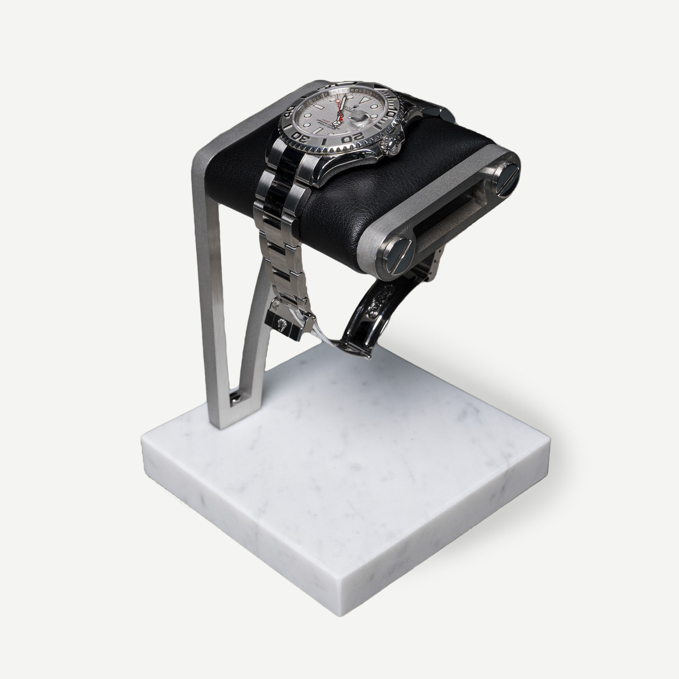 Next generation watch stand, the watch stand 2.0 - white marble black cusion, italian calfskin leather, carrara marble base plate, watch display, how to display your watches
