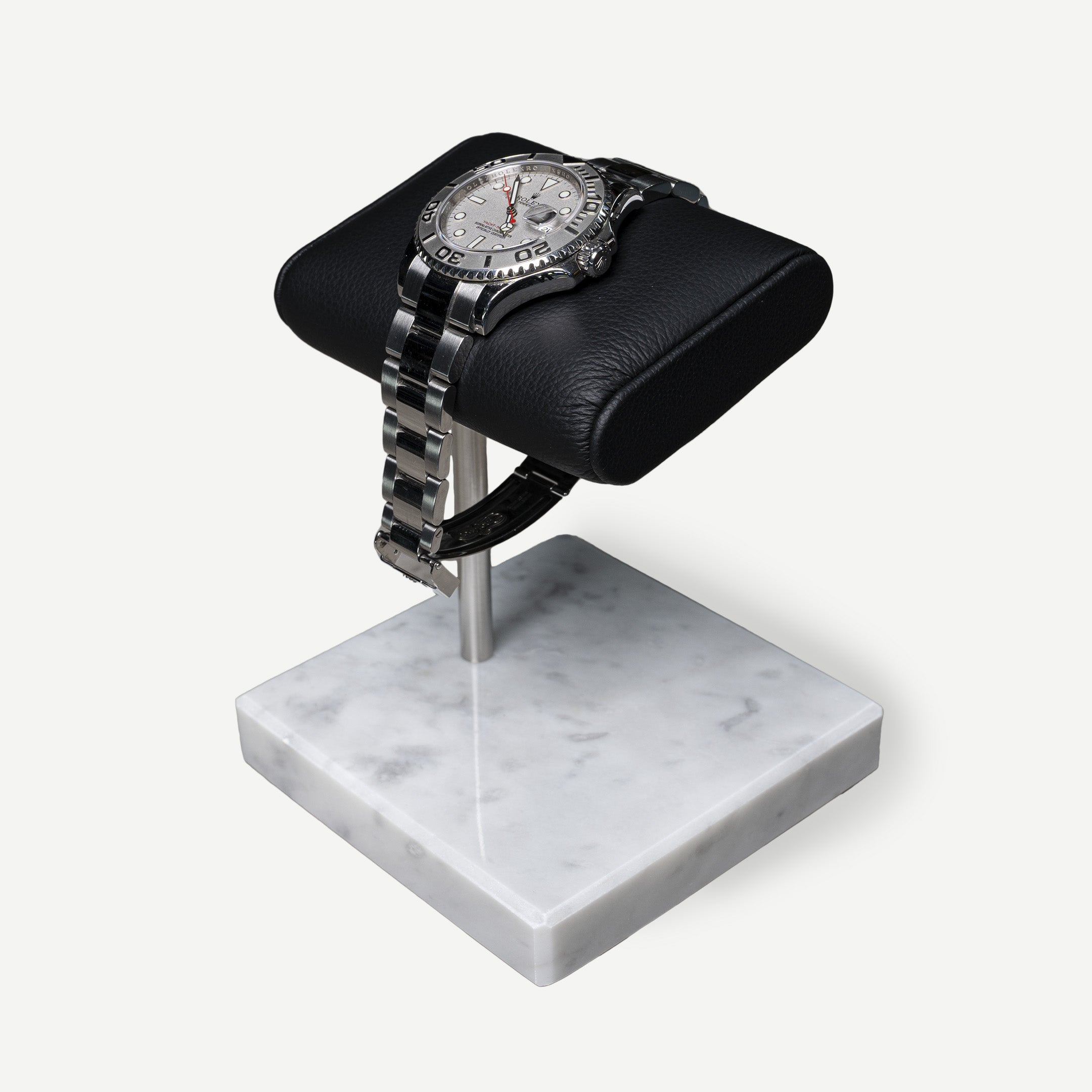 watch stand white marble black cusion, italian calfskin leather, carrara marble base plate, watch display, how to display your watches