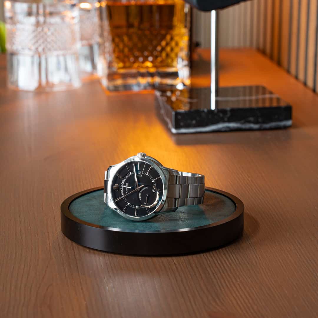 Products Morelund Watchmat, black aluminum green leather, scandinavian design, watch display, watch home decor