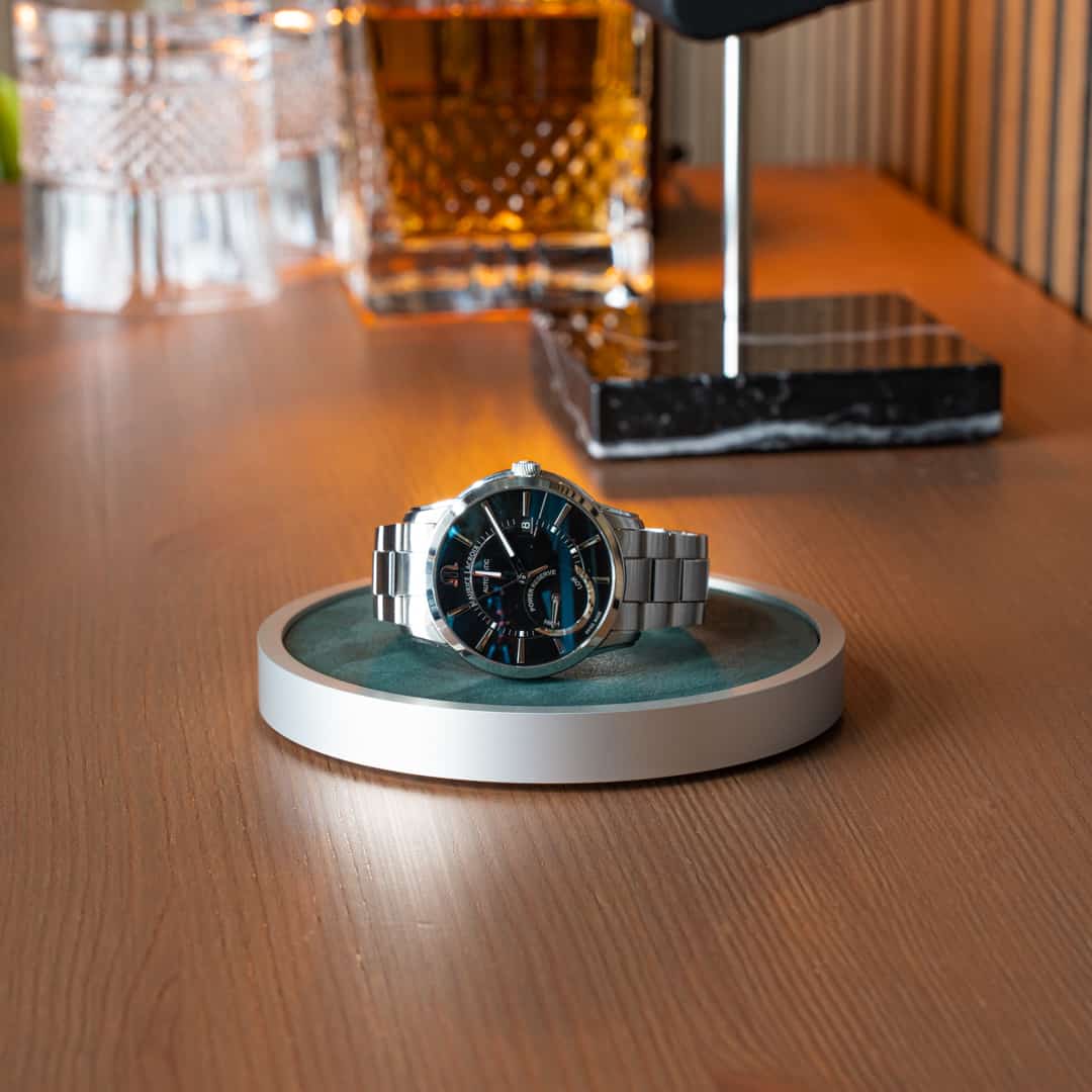 Products Morelund Watchmat, Silver aluminum and green leather, scandinavian design, watch display, watch home decor