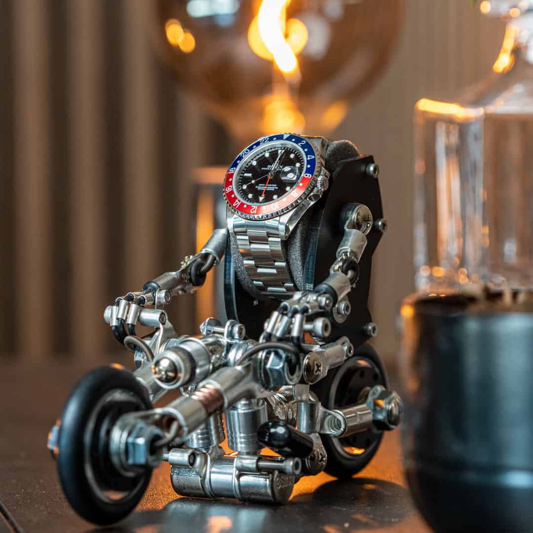 bike watch stand, watch holder, handmade, robotoys, watch display on shelf
