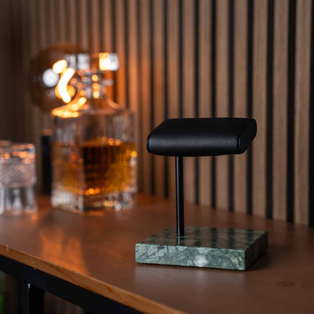 watch stand green marble black cusion, italian calfskin leather, italian marble base plate, watch display, how to display your watches
