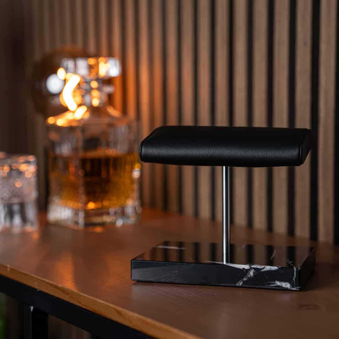 the watch stand duo, black marble, silver details, black cusion, italian calfskin leather, nero marquina marble base plate, watch display, how to display your watches, display for two watches
