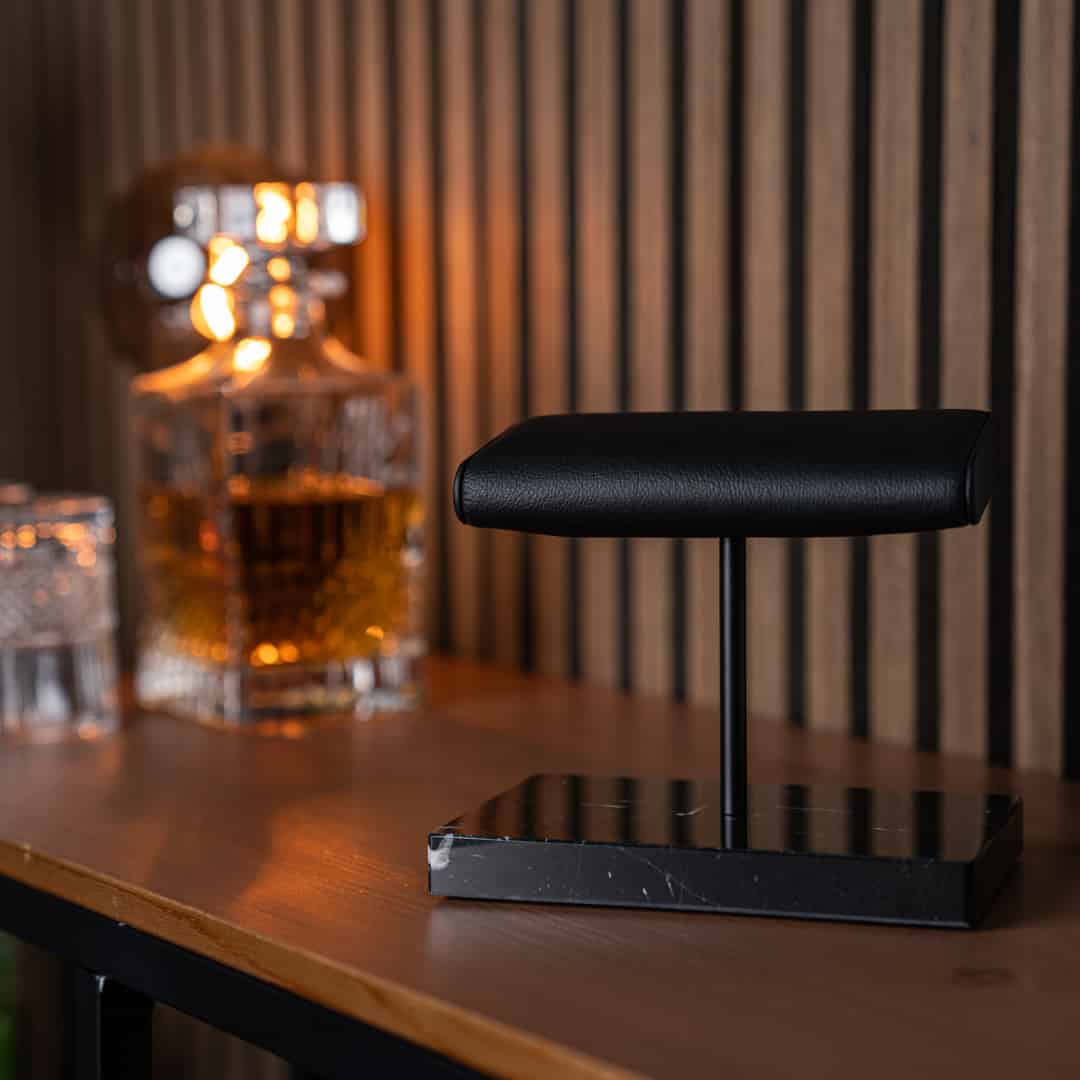 the watch stand duo, black marble black cusion, italian calfskin leather, Nero Marquina black marble base plate, watch display, how to display your watches, display for two watches