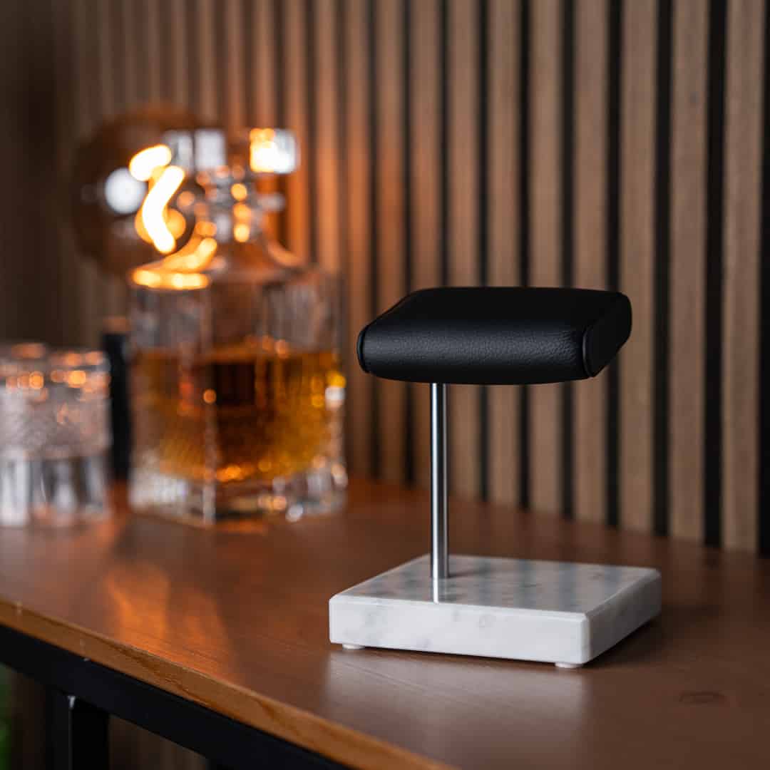 watch stand white marble black cusion, italian calfskin leather, carrara marble base plate, watch display, how to display your watches