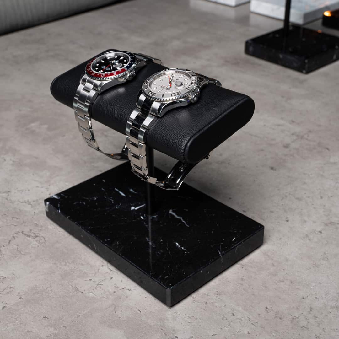 the watch stand duo, black marble black cusion, italian calfskin leather, Nero Marquina black marble base plate, watch display, how to display your watches, display for two watches, watch stand scenery