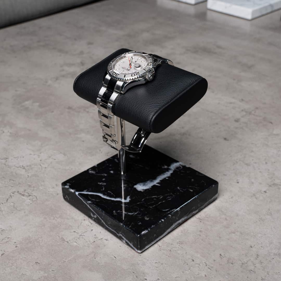 watch stand black silver, italian calfskin leather, marble base plate, watch display, how to display your watches, watch stand scenery