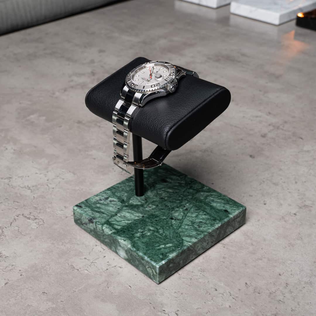watch stand green marble black cusion, italian calfskin leather, italian marble base plate, watch display, how to display your watches, watch stand scenery