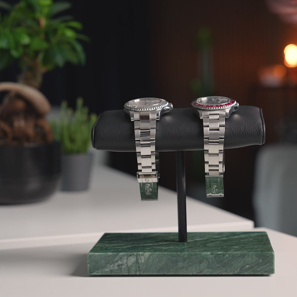 the watch stand duo, green marble black cusion, italian calfskin leather, verde guatemala green marble base plate, watch display, how to display your watches, display for two watches, video demonstration
