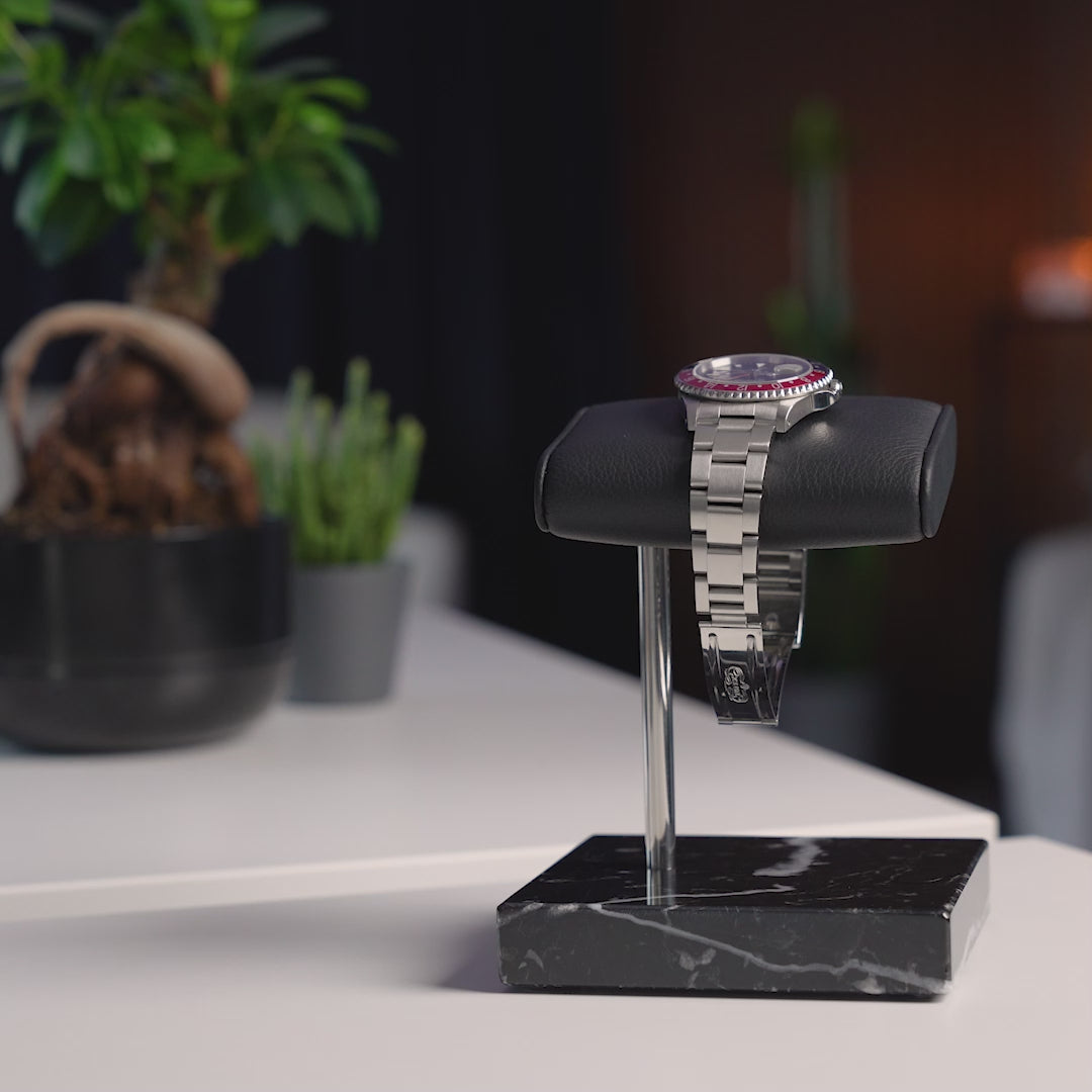 watch stand black silver, italian calfskin leather, marble base plate, watch display, how to display your watches, video demonstration